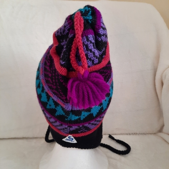 Vintage 90s Y2K Smiley 100% multi-color wool knit fleece lined winter ski hat main image 8